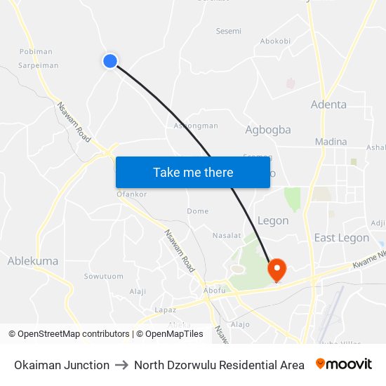 Okaiman Junction to North Dzorwulu Residential Area map