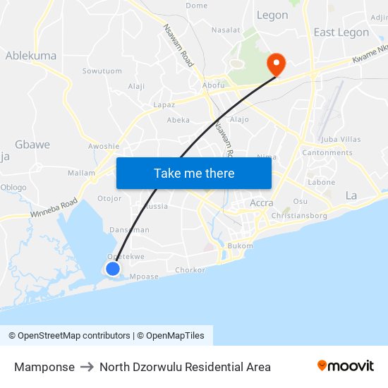 Mamponse to North Dzorwulu Residential Area map