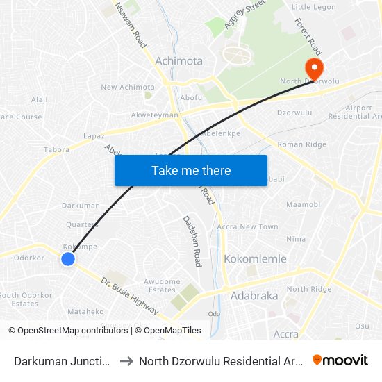 Darkuman Junction to North Dzorwulu Residential Area map