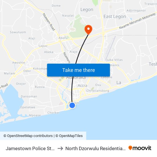 Jamestown Police Station to North Dzorwulu Residential Area map