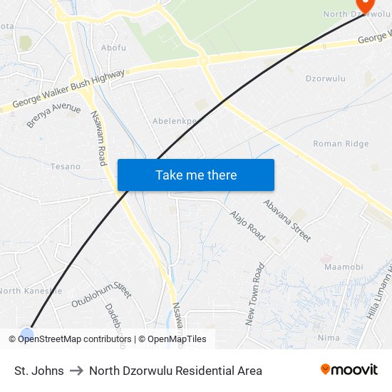 St. Johns to North Dzorwulu Residential Area map