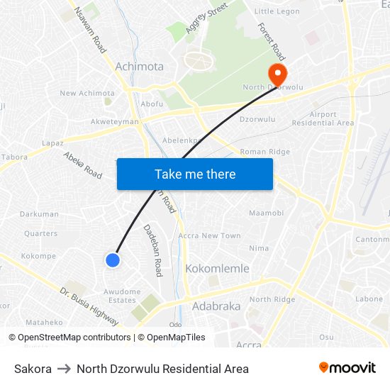 Sakora to North Dzorwulu Residential Area map