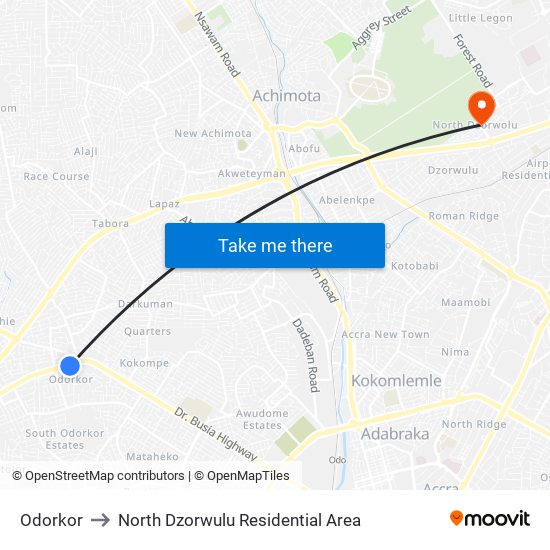 Odorkor to North Dzorwulu Residential Area map