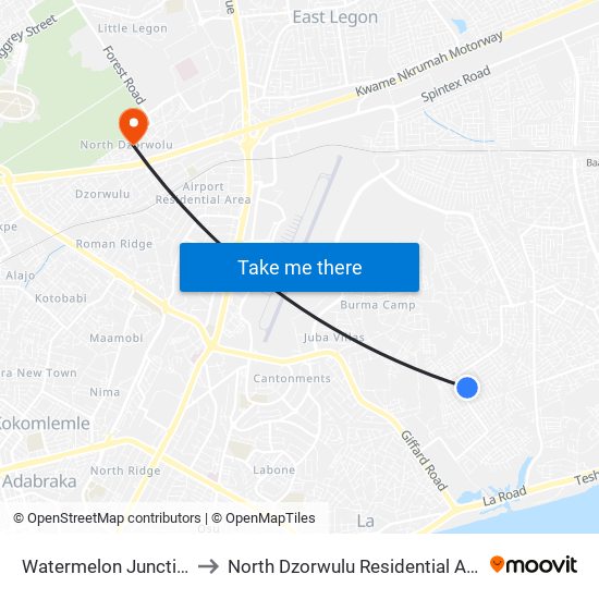 Watermelon Junction to North Dzorwulu Residential Area map