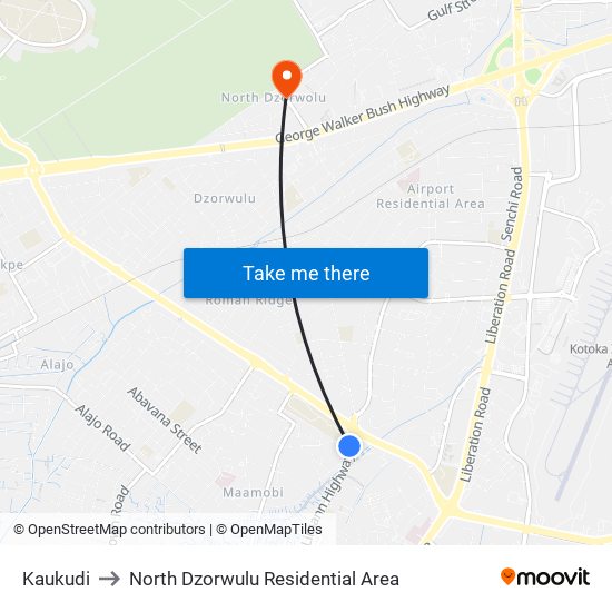 Kaukudi to North Dzorwulu Residential Area map