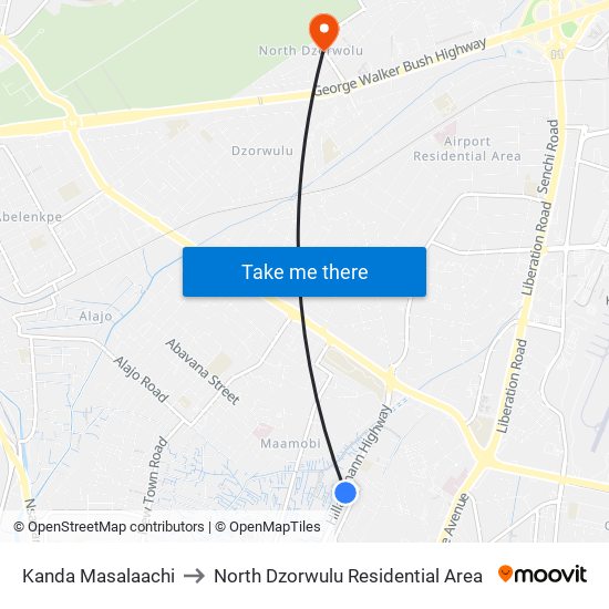 Kanda Masalaachi to North Dzorwulu Residential Area map