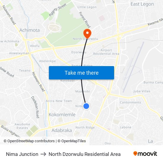 Nima Junction to North Dzorwulu Residential Area map