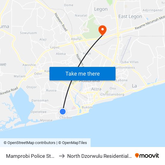 Mamprobi Police Station to North Dzorwulu Residential Area map