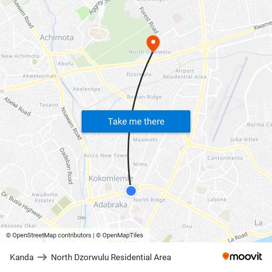 Kanda to North Dzorwulu Residential Area map
