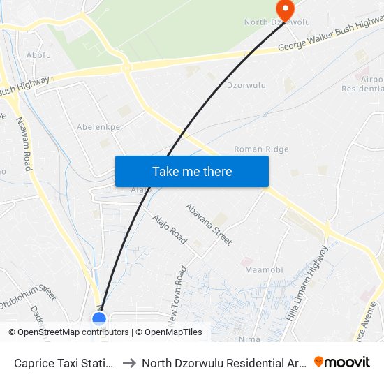 Caprice Taxi Station to North Dzorwulu Residential Area map