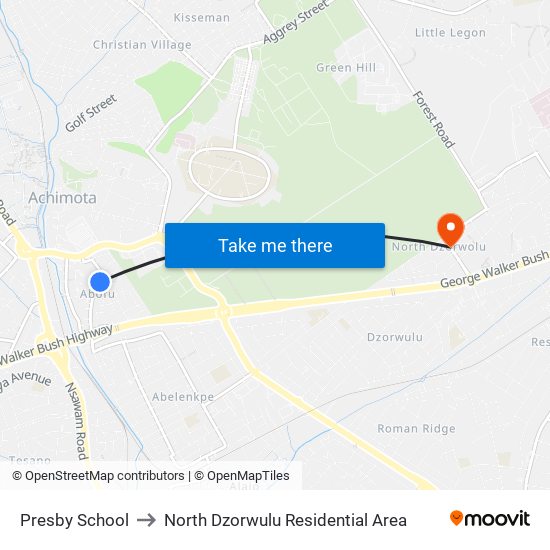 Presby School to North Dzorwulu Residential Area map