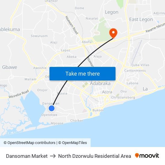 Dansoman Market to North Dzorwulu Residential Area map