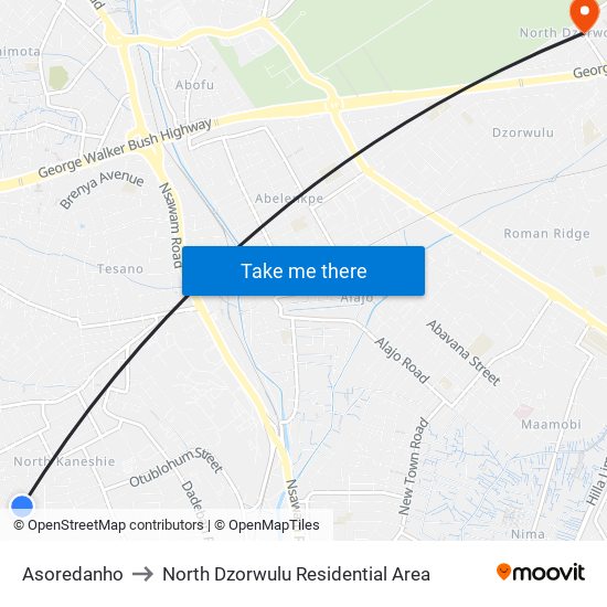 Asoredanho to North Dzorwulu Residential Area map