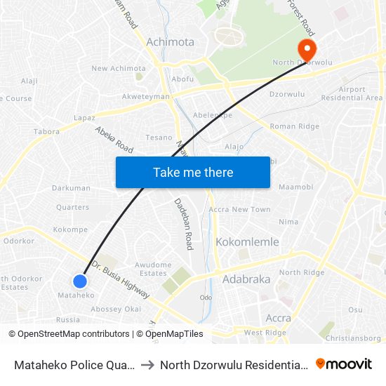 Mataheko Police Quarters to North Dzorwulu Residential Area map