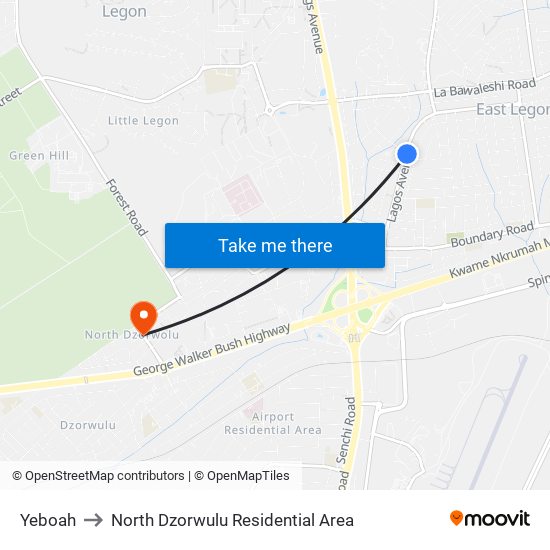 Yeboah to North Dzorwulu Residential Area map