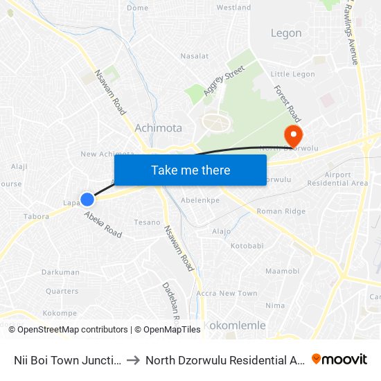 Nii Boi Town Junction to North Dzorwulu Residential Area map