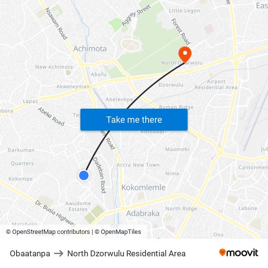 Obaatanpa to North Dzorwulu Residential Area map
