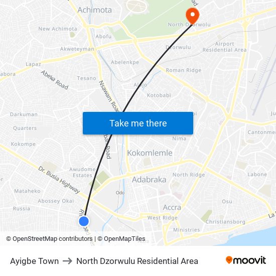 Ayigbe Town to North Dzorwulu Residential Area map
