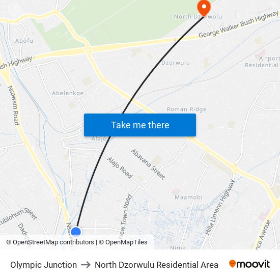 Olympic Junction to North Dzorwulu Residential Area map