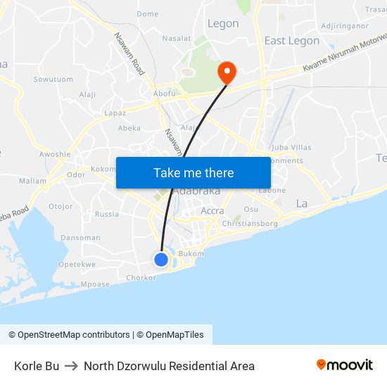 Korle Bu to North Dzorwulu Residential Area map