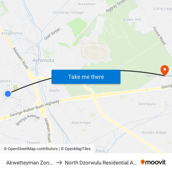 Akwetteyman Zongo to North Dzorwulu Residential Area map