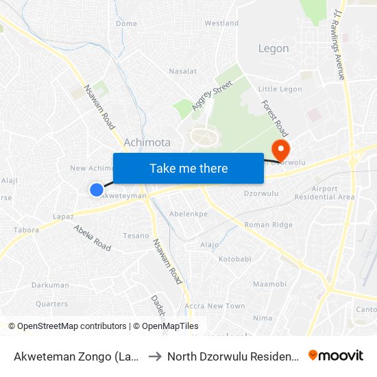 Akweteman Zongo (Last Stop) to North Dzorwulu Residential Area map