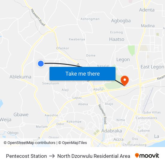 Pentecost Station to North Dzorwulu Residential Area map