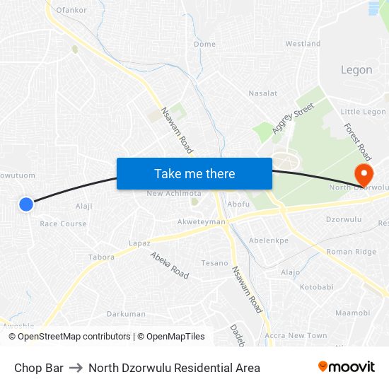 Chop Bar to North Dzorwulu Residential Area map