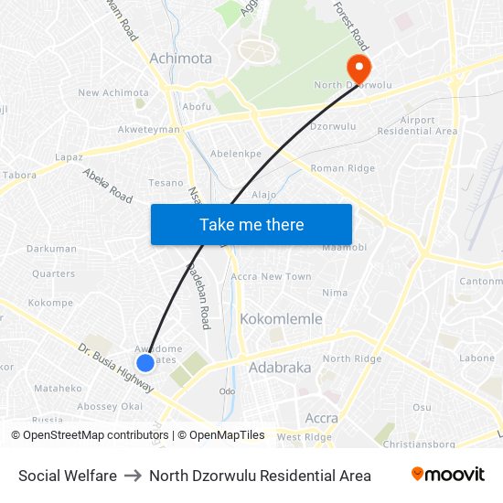 Social Welfare to North Dzorwulu Residential Area map