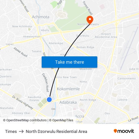 Times to North Dzorwulu Residential Area map