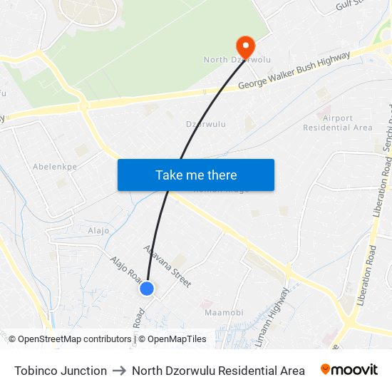 Tobinco Junction to North Dzorwulu Residential Area map