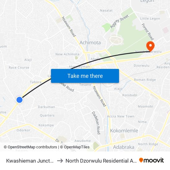 Kwashieman Junction to North Dzorwulu Residential Area map