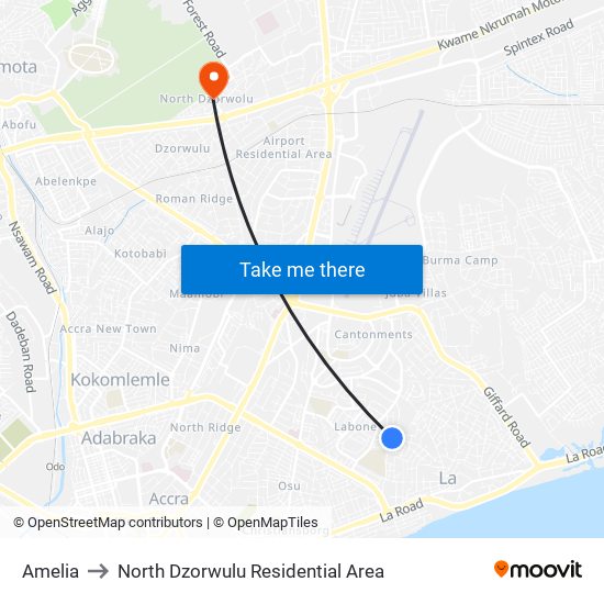 Amelia to North Dzorwulu Residential Area map