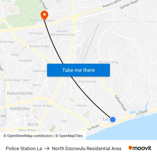 Police Station La to North Dzorwulu Residential Area map