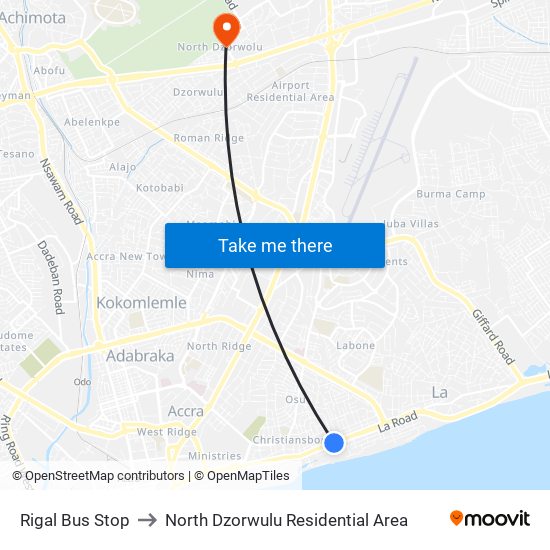 Rigal Bus Stop to North Dzorwulu Residential Area map