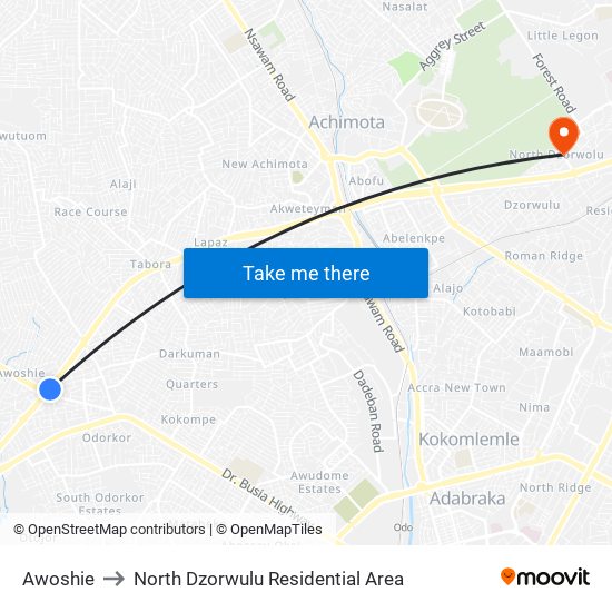 Awoshie to North Dzorwulu Residential Area map
