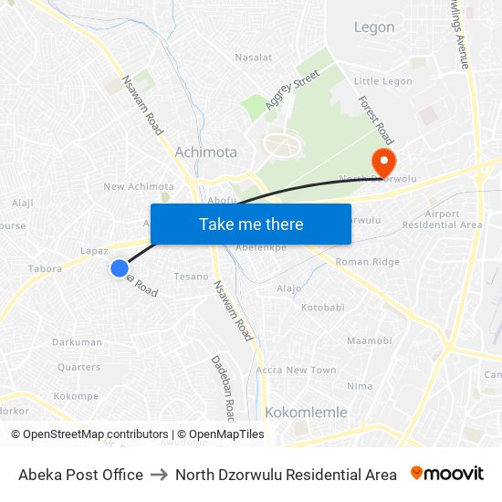 Abeka Post Office to North Dzorwulu Residential Area map