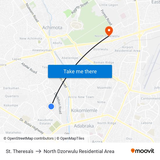 St. Theresa's to North Dzorwulu Residential Area map