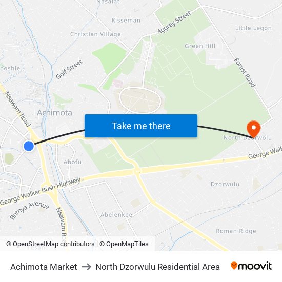 Achimota Market to North Dzorwulu Residential Area map