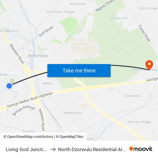 Living God Junction to North Dzorwulu Residential Area map