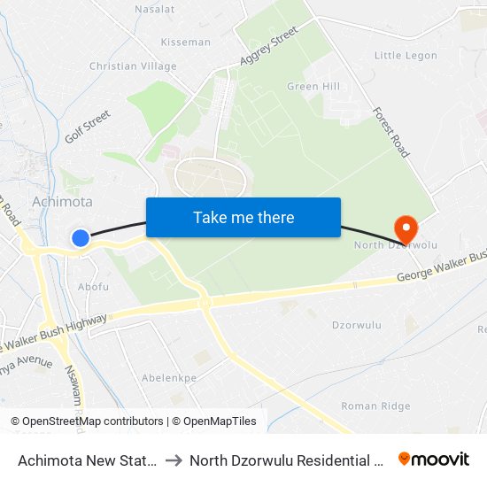 Achimota New Station to North Dzorwulu Residential Area map