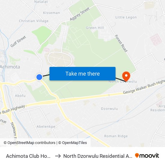 Achimota Club House to North Dzorwulu Residential Area map