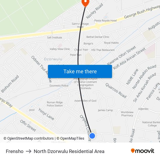 Frensho to North Dzorwulu Residential Area map