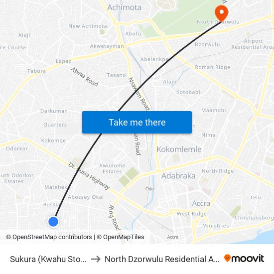 Sukura (Kwahu Store) to North Dzorwulu Residential Area map
