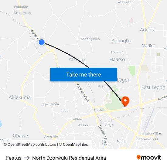 Festus to North Dzorwulu Residential Area map