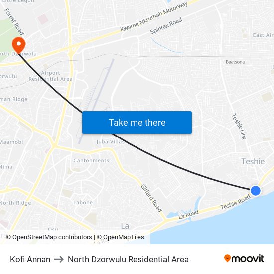 Kofi Annan to North Dzorwulu Residential Area map