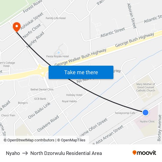 Nyaho to North Dzorwulu Residential Area map
