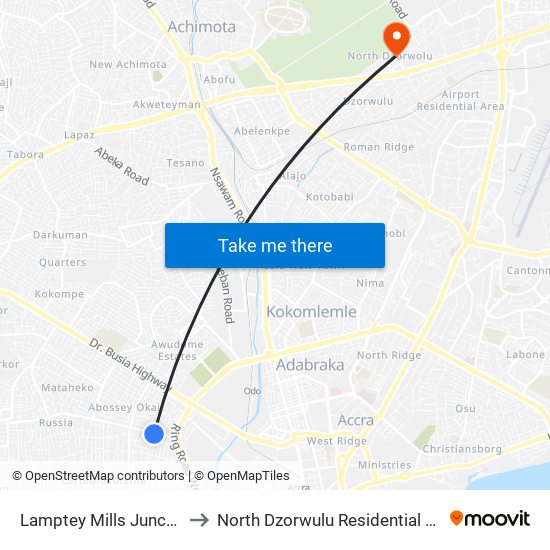 Lamptey Mills Junction to North Dzorwulu Residential Area map