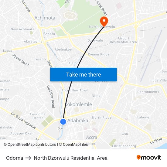 Odorna to North Dzorwulu Residential Area map