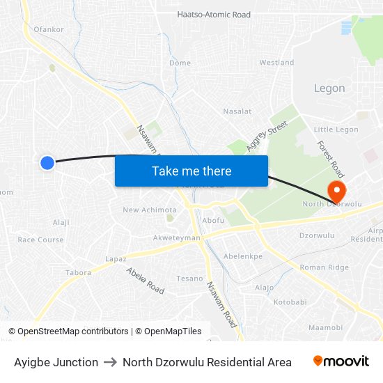 Ayigbe Junction to North Dzorwulu Residential Area map